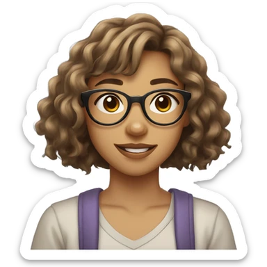 A 14-year-old girl with light brown glasses, nose piercings (ball on the left, ring on the right), wavy brown hair with bangs, light skin, normal features, and her Brazilian mixed-breed dog beside her. sticker