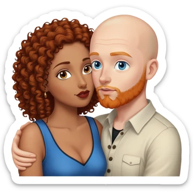 Bald white male with ginger beard and blue eyes kissing indian brown woman with jet black curly hair sticker