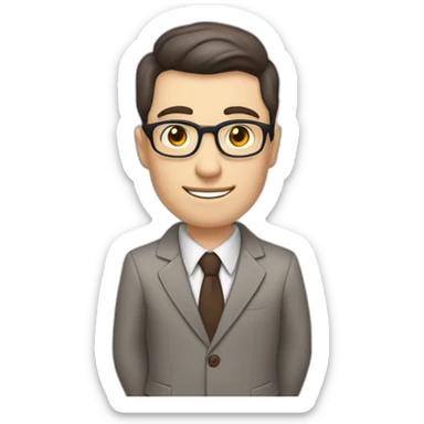 Pale skinned fit man with dark brown hair in gray jacket, beige office shirt, brown tie, brown pants and vintage glasses Writing text on a flipchart sticker