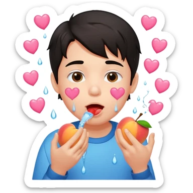 Cute boy, grown out dark hair, eating a peach, pink hearts floating , water dripping from mouth sticker