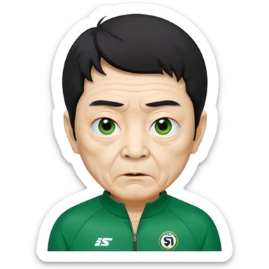 Seong Gi-hun : age 80, skinny and bony face, very small mouth, thick eyebrows deep eyes, unkempt black hair , Green player tracksuit. sticker