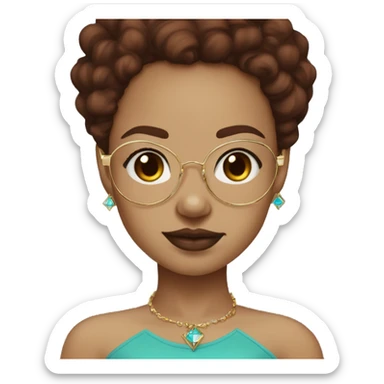 Light skin girl with burgundy, brown hair, a gold nose, diamond, stud, and turquoise glasses, clean girl aesthetic sticker