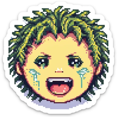 pixel art of a face with a manic grin and crying, tears and wild hair sticker