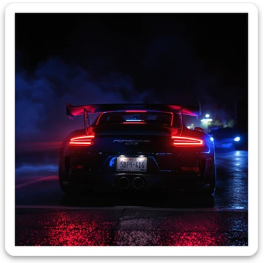 Shot and Directed by Quentin Tarantino, Cinematic still of a porsche 911, gt3 rs, night photo, red lights and blue bright night  sticker