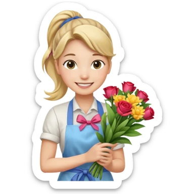 Young female florist – ponytail, holding a bouquet with ribbon sticker