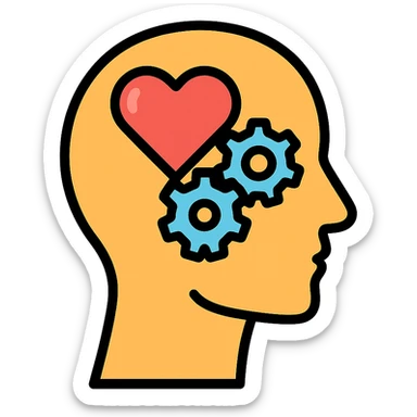 Vector illustration of a human head icon in profile view, with a heart or gears inside the head symbolizing emotional intelligence or cognitive processing. Clean and sharp lines, with subtle realistic shadows and glossy highlights for depth. Flat yet modern vector style. Transparent background sticker