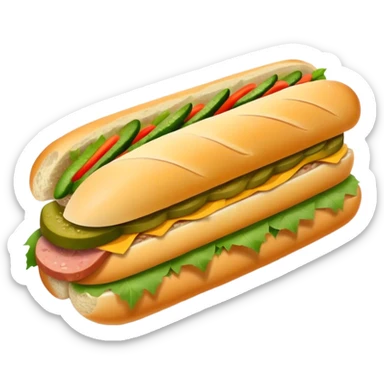 Cinematic Realistic B√°nh m√¨ Sandwich Dish Emoji, showcasing a crusty baguette filled with savory meats, pickles, and fresh herbs rendered with dynamic detail and appetizing lighting. sticker