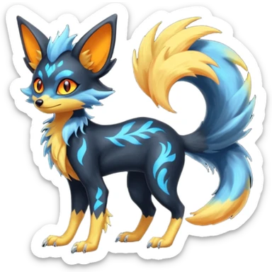 Lykoi-Fennekin-Electrike-Luxray-fusion-hybrid-animal-Fakémon-creature, full body, thin long sleek scaly tail, intricate markings sticker