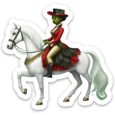 a green amazon alien woman in victorian red on a white horse sticker