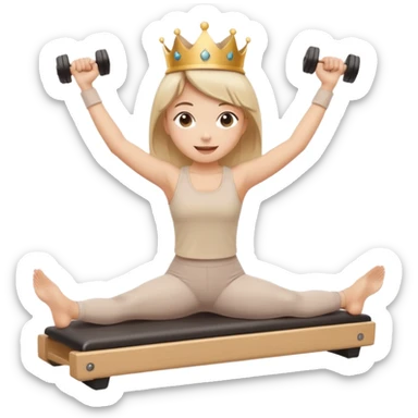 Sticker emoji of a girl doing Pilates arm exercises on a reformer, holding light dumbbells. Small crown, happy expression, beige outfit. Kawaii proportions, white outline, transparent background. sticker