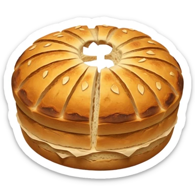 round rustic sourdough with cracked crust. sticker