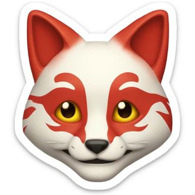 red kitsune mask, slight smile sticker