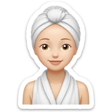 cute girl with her eyes closed and smiling, wearing a white spa towel as her clothes in she has a white spa towel on her head, no hair sticker
