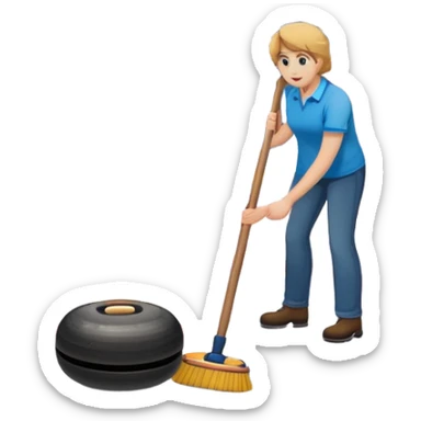 An icon featuring a curling stone sliding across the ice, with a broom nearby. The scene includes the curling rink, with its distinctive circles, and a vibrant crowd in the stands. Snowflakes fall outside the arena, and bright lights illuminate the ice. Transparent background. sticker
