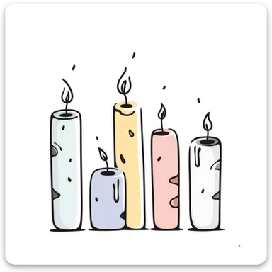a group of candles of different heights, some lit with gentle flames, in pastel colors dd9fb0 ffc6d3 a3bfc9 c4bee2 f1b091, detailed hand-drawn doodle style sticker