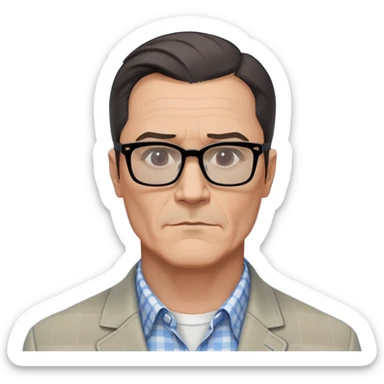 50-year-old man with very prominent and large square jawline that's wider than the rest of his face. Large dark square glasses, short straight hair combed to the side with some gray. Serious-relaxed expression. Light gray jacket, white shirt with blue checkered pattern. sticker