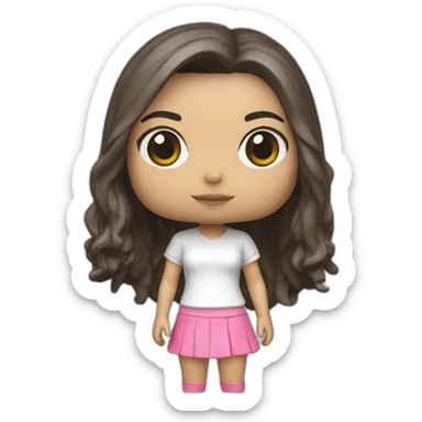 Japanese girl, 16, long hair, white T-shirt, pink miniskirt, funko pop sticker