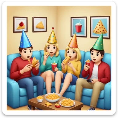 group of friends watching TV with snacks, party scene sticker