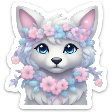 Anthro Cute Cool Pastel Kawaii gorgeous sparkly ethereal fantasy animal creature with blue eyes furry sona with flowers and ribbons beautiful aesthetic sticker