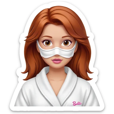 A Barbie face with shoulder-length reddish-brown hair, makeup, a smeared face mask, and a bathrobe. sticker