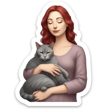 Realistic white girl burgundy hair sleeping with grey cat  sticker