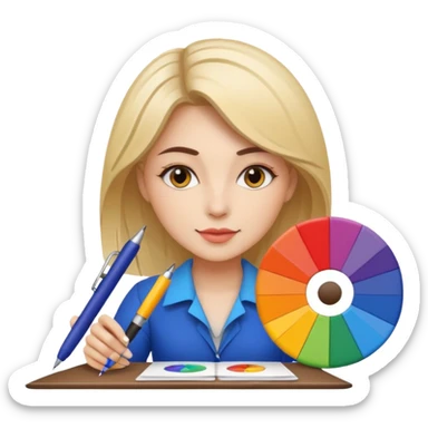 female graphic designer , color wheel, pens, papers sticker