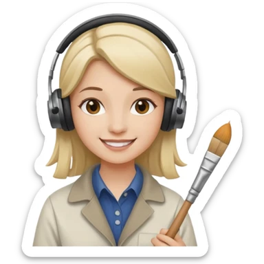 female artist wearing headphone, holding painter sticker
