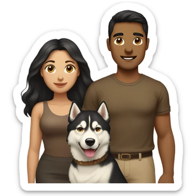 A couple man and woman Both have dark hair, with in the middle of them. A Husky. Golden beige sticker