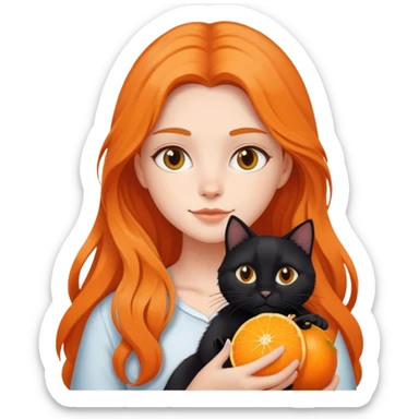 A long-haired girl holding a black cat and an orange cat sticker