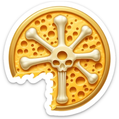 Glowing bone and vitamin K2 symbol with ethereal shredded cheese floating around them in a circular pattern. The cheese emits a soft golden light that flows toward the K2 and bone, creating a magical halo effect of bone-strengthening energy. sticker