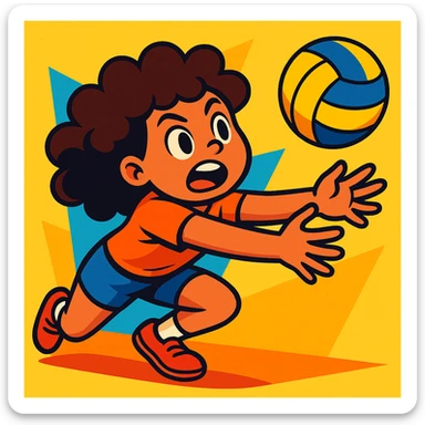 curly haired girl playing volleyball, diving for the ball, expressive face sticker