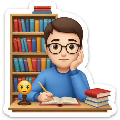 emoji man student studying at home with books, bored, room, white background sticker