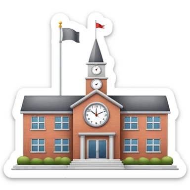 School building with clock on front and flagpole sticker