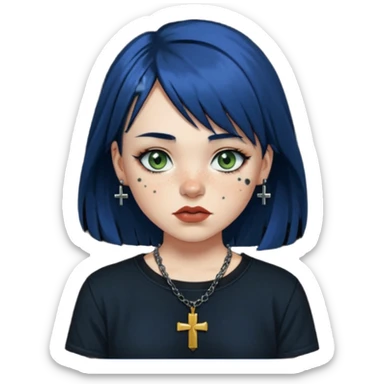 “Make an emoji of a girl with freckles on her cheeks, dark blue hair, greenish-brown eyes (more on the green side), black clothes, medium-sized lips, side curtain bangs, a punk cross necklace, and an Affliction shirt. sticker