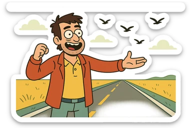 open road with flying birds symbolizing freedom, flat modern style, bright saturated colors golds greens reds blues, minimal but expressive, universal look sticker