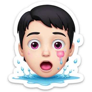 Boy with black hair, pink eyes rolled back, mouth open , water dripping from lips sticker