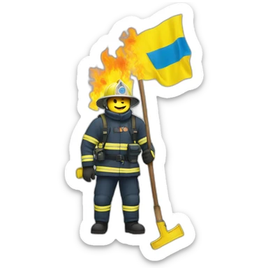 Ukrainian firefighter with the flag of Ukraine puts out the fire sticker