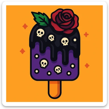 Gothic ice cream with black chocolate drizzle, tiny skull sprinkles, and a dark rose on top in a vibrant toon style. sticker