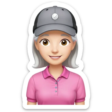 A happy female golfer with gray hair, pink polo shirt, a black skort, white cap sticker