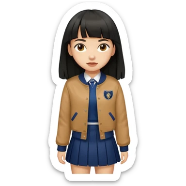 hair : black long hair with fringe 
skin : light 
cloth : brown varsity jacket + navy long long school girl skirt 


 sticker