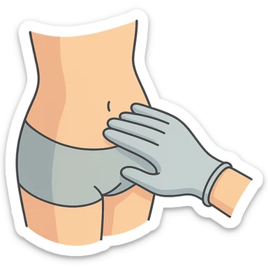close-up of human abdomen, a doctor's hand palpating, hand wearing light glove, hand coming from opposite side, fingers gently pressing, 2D isometric style, very detailed, soft rounded shapes, clean contours, pastel palette, refined shadows and highlights, modern illustration, transparent background sticker