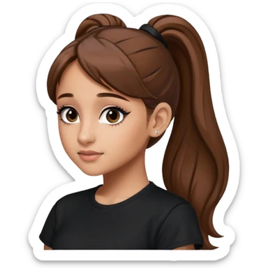 Ariana Grande high ponytaw with brown hair and with black thsirt and and eyeliner sticker