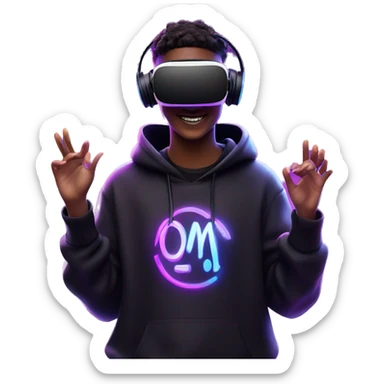 Happy student wearing a black hoodie with "OMG" letters on it and VR headset oculus quest 2 in a cyberpunk VR environment with violet neon lighting. sticker