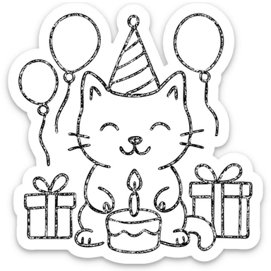 outlined icon of a kitten with a birthday hat, surrounded by balloons and presents, smiling, with a birthday cake sticker