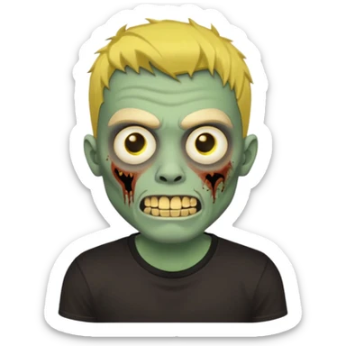 I want you to give me a zombie man and his skin its green who has golden teeth, yellow eyes, eyebrows and black hair, the hair I want to be a medium modcut cut and is wearing a brown affliction T-shirt and the style being like a memoji from iphone sticker