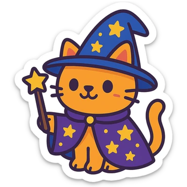 cute colorful cartoon style wizard cat with a wizard hat sticker