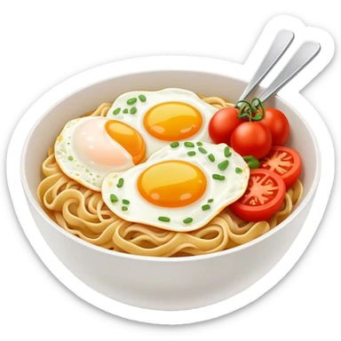 Spicy bowl of noodles with fried eggs and tomatoes  sticker
