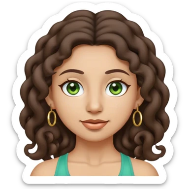 yoga emoji girl with long dark brown curly and greenish brown eyes and medium light skin color. she is also wearing small hoop earrings sticker