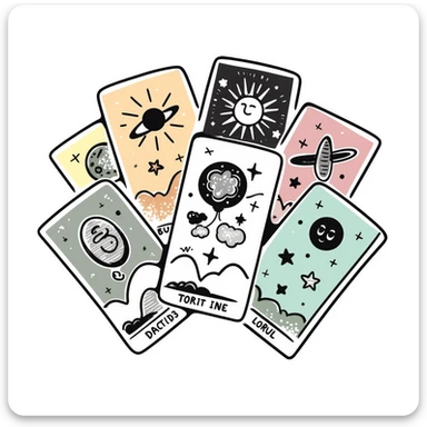 Mystical tarot cards arranged in a fan or spread pattern with celestial and mystical symbols. Using specific pastel colors (dd9fb0, ffc6d3, a3bfc9, c4bee2, f1b091). Hand-drawn doodle style with intricate details of cards showing symbols like sun, moon, stars. Transparent background. sticker