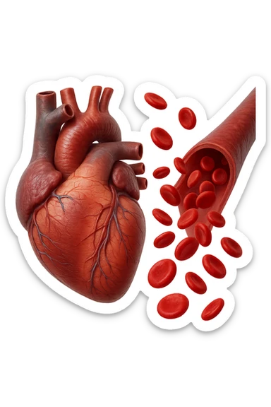 cuore anatomico umano fluttuano in aria insieme ad una vena umana con globuli rossi , iperrealistiche 4k sticker